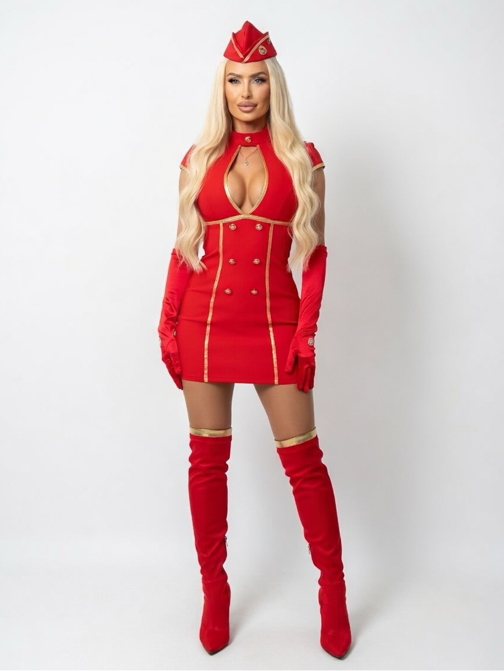 Stewardess Deep Red Dress with Gold Trim and Cap